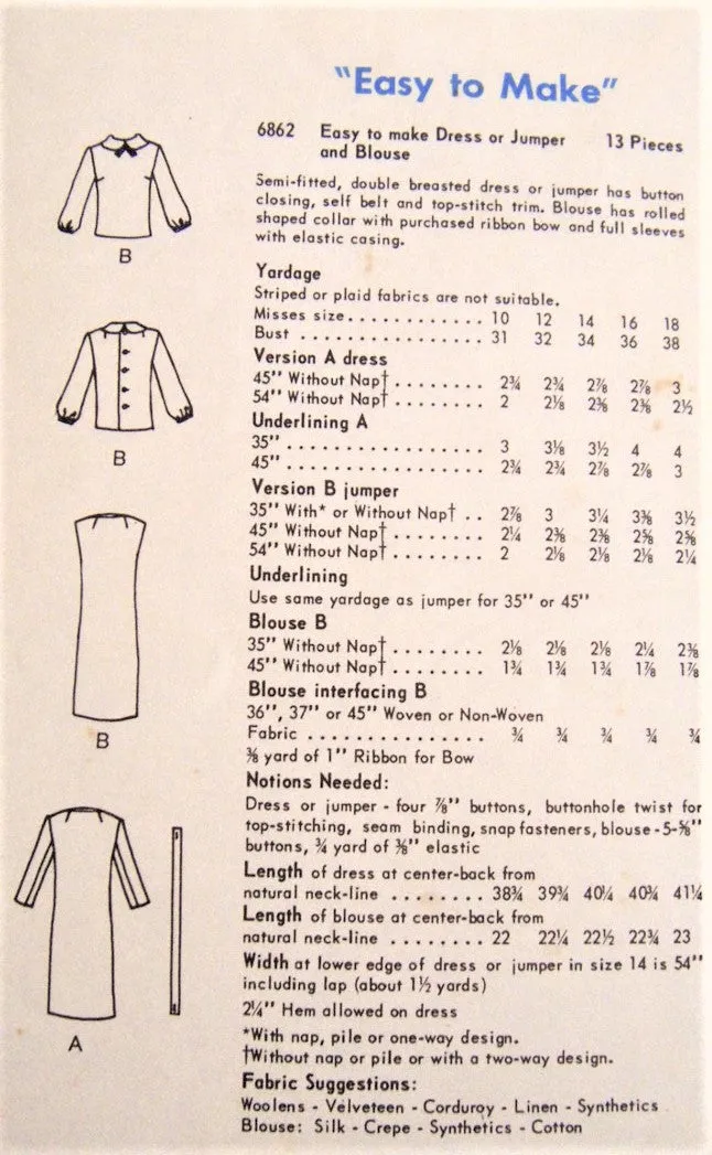 1960s MOD Easy To Make Jumper or Dress and Blouse Pattern VOGUE 6862 Smart Double Breasted Style, Button Back Blouse Bust 32 Vintage Sewing Pattern FACTORY FOLDED