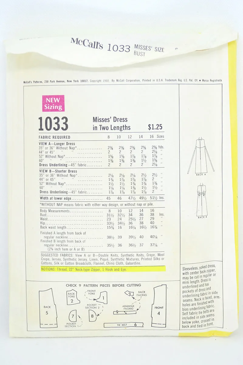 1966 Vintage McCalls 1033 Jacques Tiffeau Designer Dress Pattern
