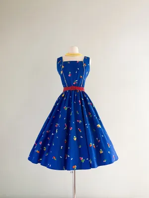 1980's Blue Sabino Floral Print Dress  / W 30"