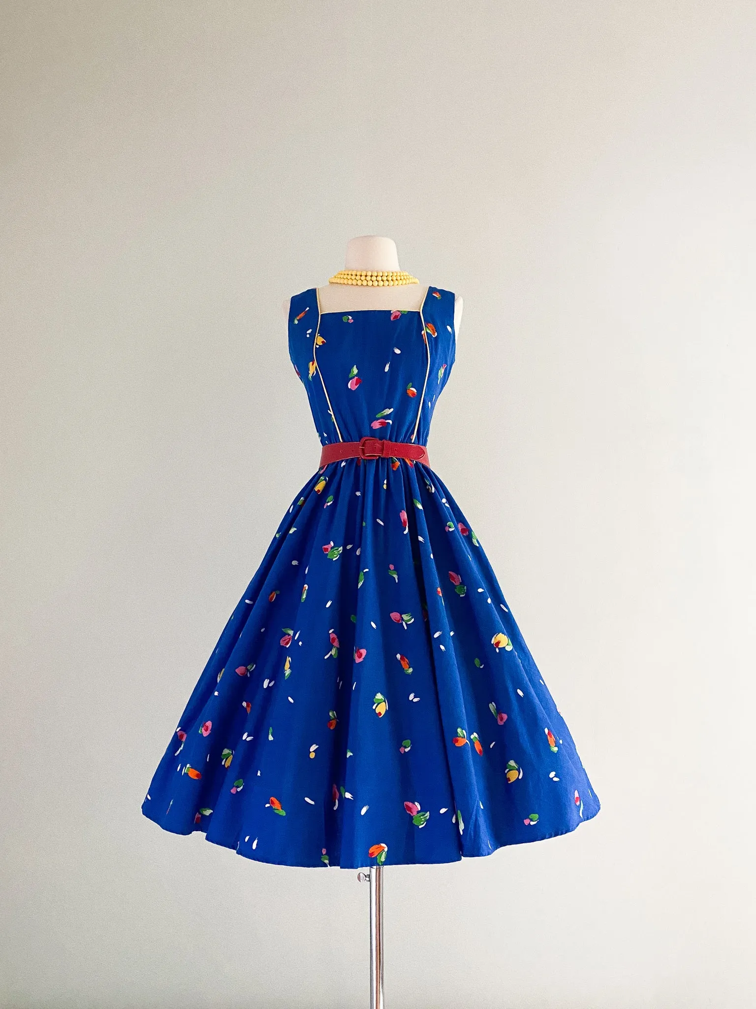 1980's Blue Sabino Floral Print Dress  / W 30"