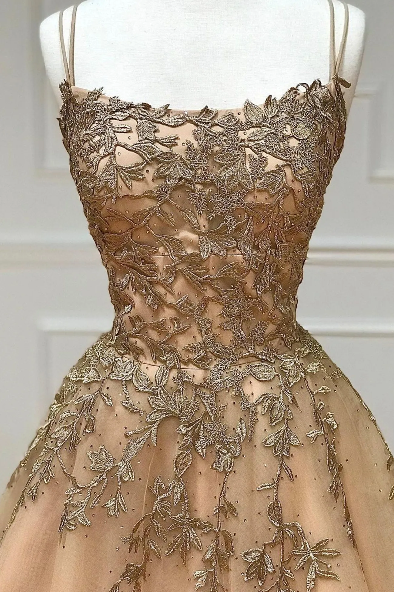 A-Line Spaghetti Straps Lace Long Prom Dress Lace Evening Dress