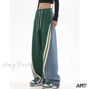 Amy Fashion - Contrast Color Women High Waist Straight Cropped High Street Drawstring Tie Up Sweatpants Cylinder Lady Wide Leg Jean