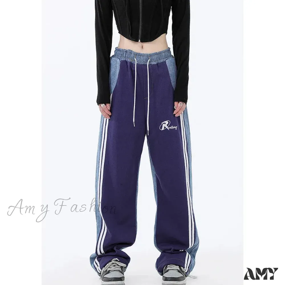 Amy Fashion - Contrast Color Women High Waist Straight Cropped High Street Drawstring Tie Up Sweatpants Cylinder Lady Wide Leg Jean