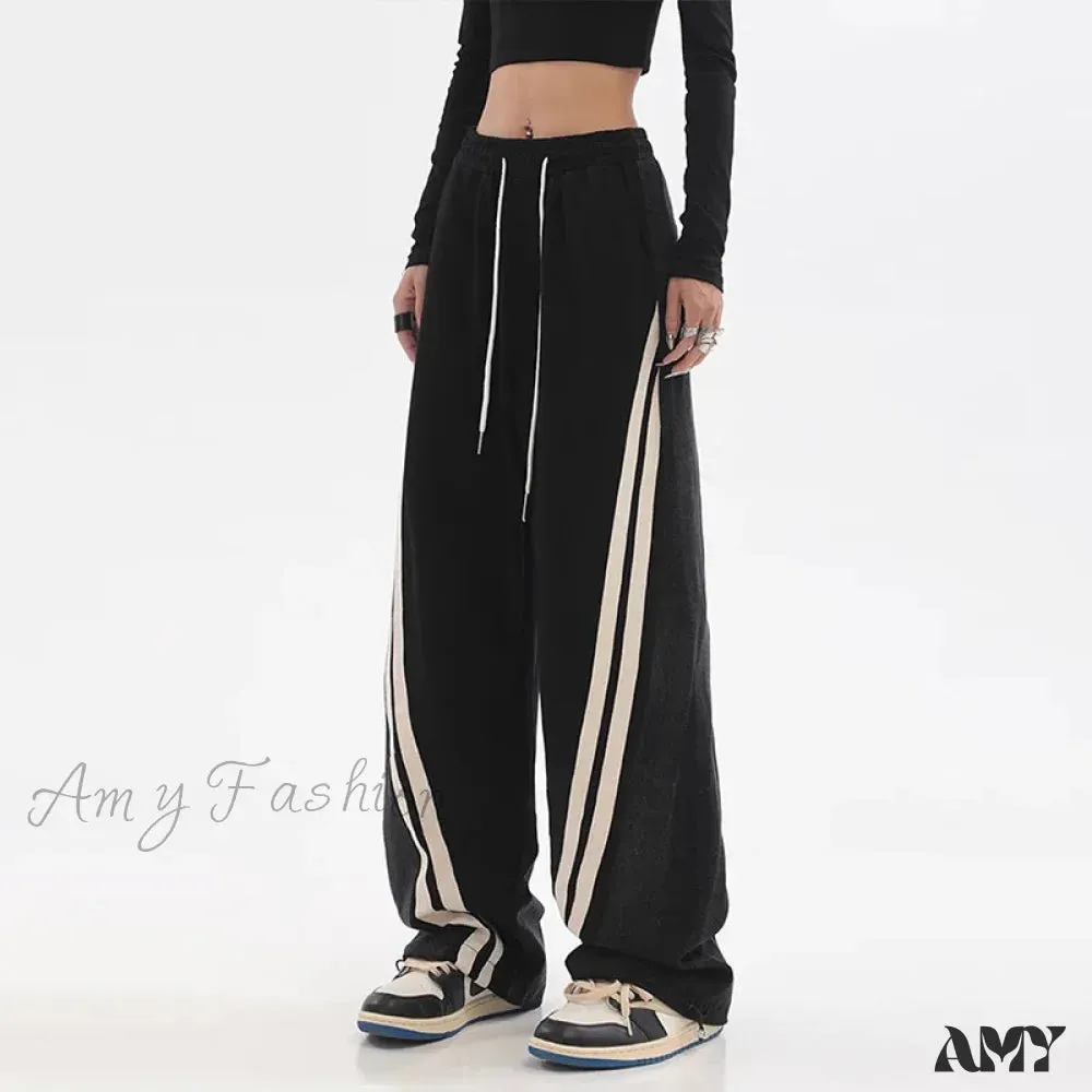 Amy Fashion - Contrast Color Women High Waist Straight Cropped High Street Drawstring Tie Up Sweatpants Cylinder Lady Wide Leg Jean