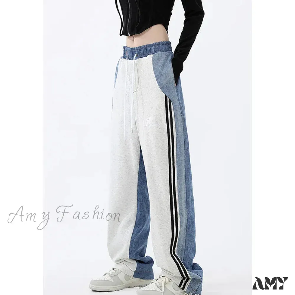 Amy Fashion - Contrast Color Women High Waist Straight Cropped High Street Drawstring Tie Up Sweatpants Cylinder Lady Wide Leg Jean