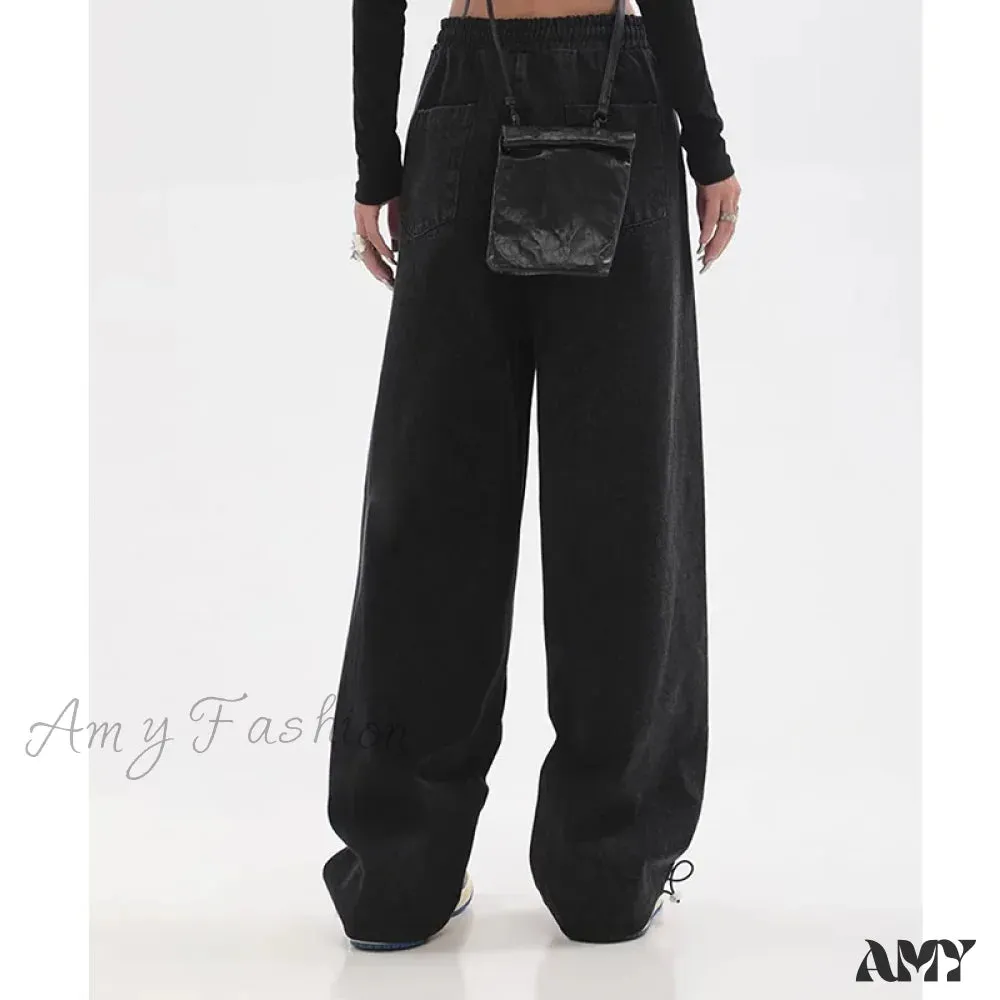 Amy Fashion - Contrast Color Women High Waist Straight Cropped High Street Drawstring Tie Up Sweatpants Cylinder Lady Wide Leg Jean