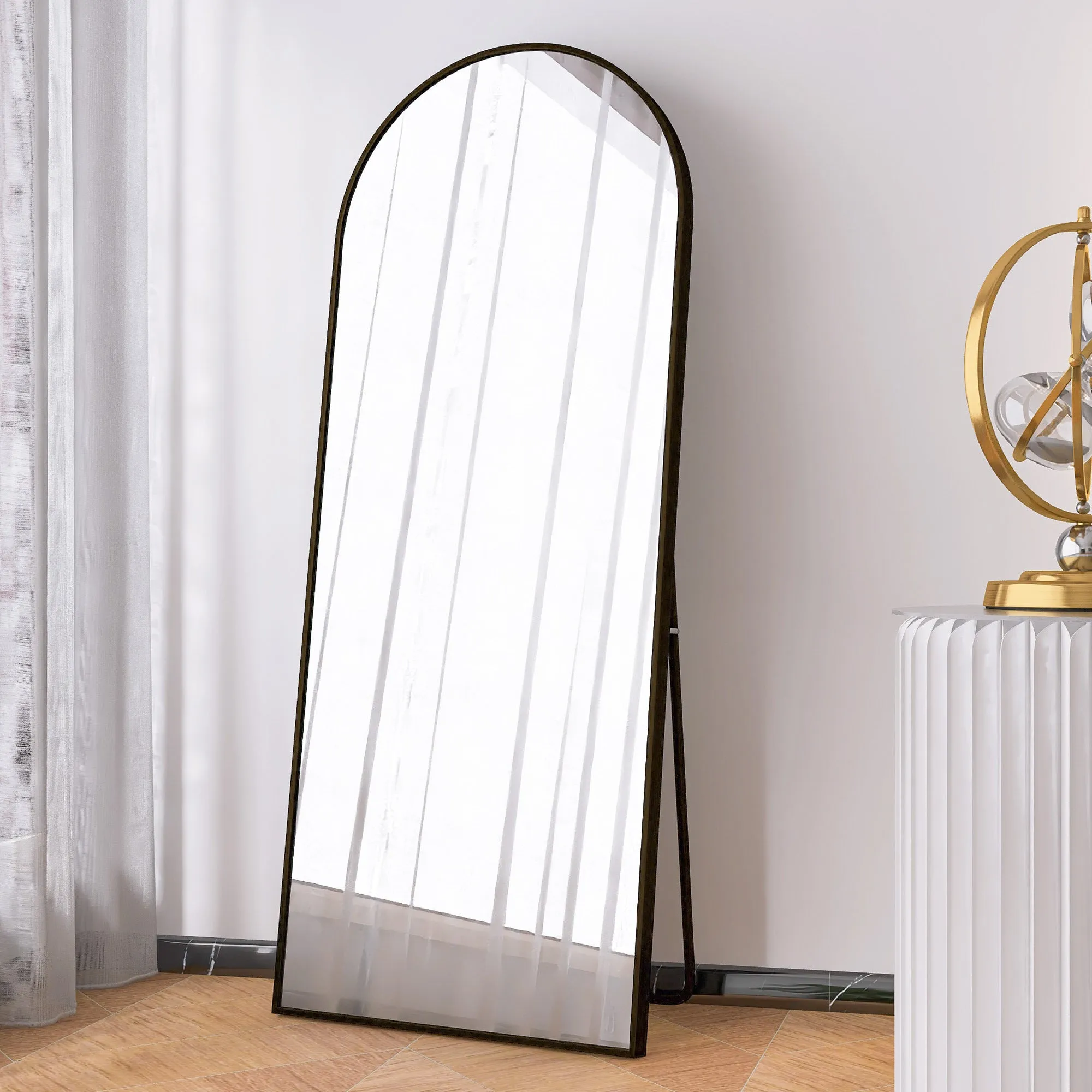 Arched Full Length Mirror Floor Mirror Hanging Standing or Leaning, Bedroom Mirror Wall-Mounted Mirror Dressing Mirror with Black Aluminum Alloy Frame, 65" x 23.6"
