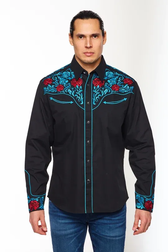 Avalon Men's Black and Blue Roses Shirt