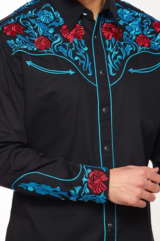 Avalon Men's Black and Blue Roses Shirt