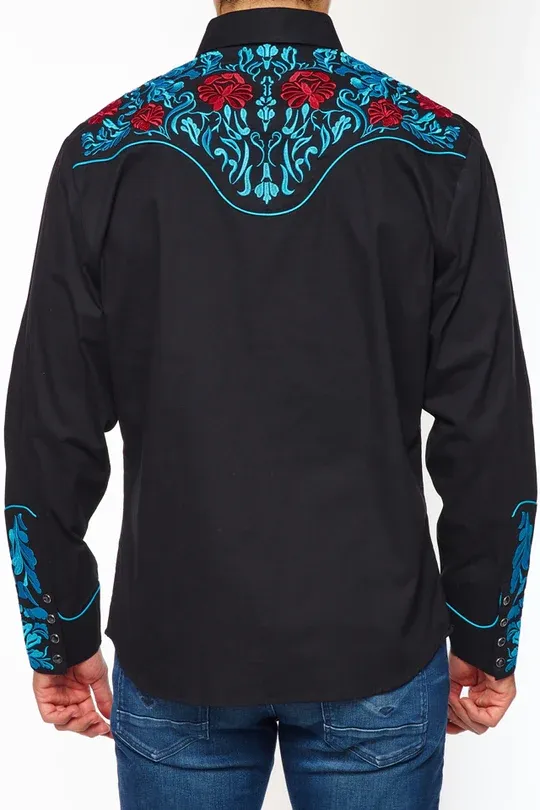 Avalon Men's Black and Blue Roses Shirt