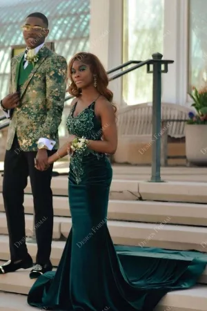 Beaded Emerald Velvet Thin Straps Mermaid Made-to-Order Prom Dress