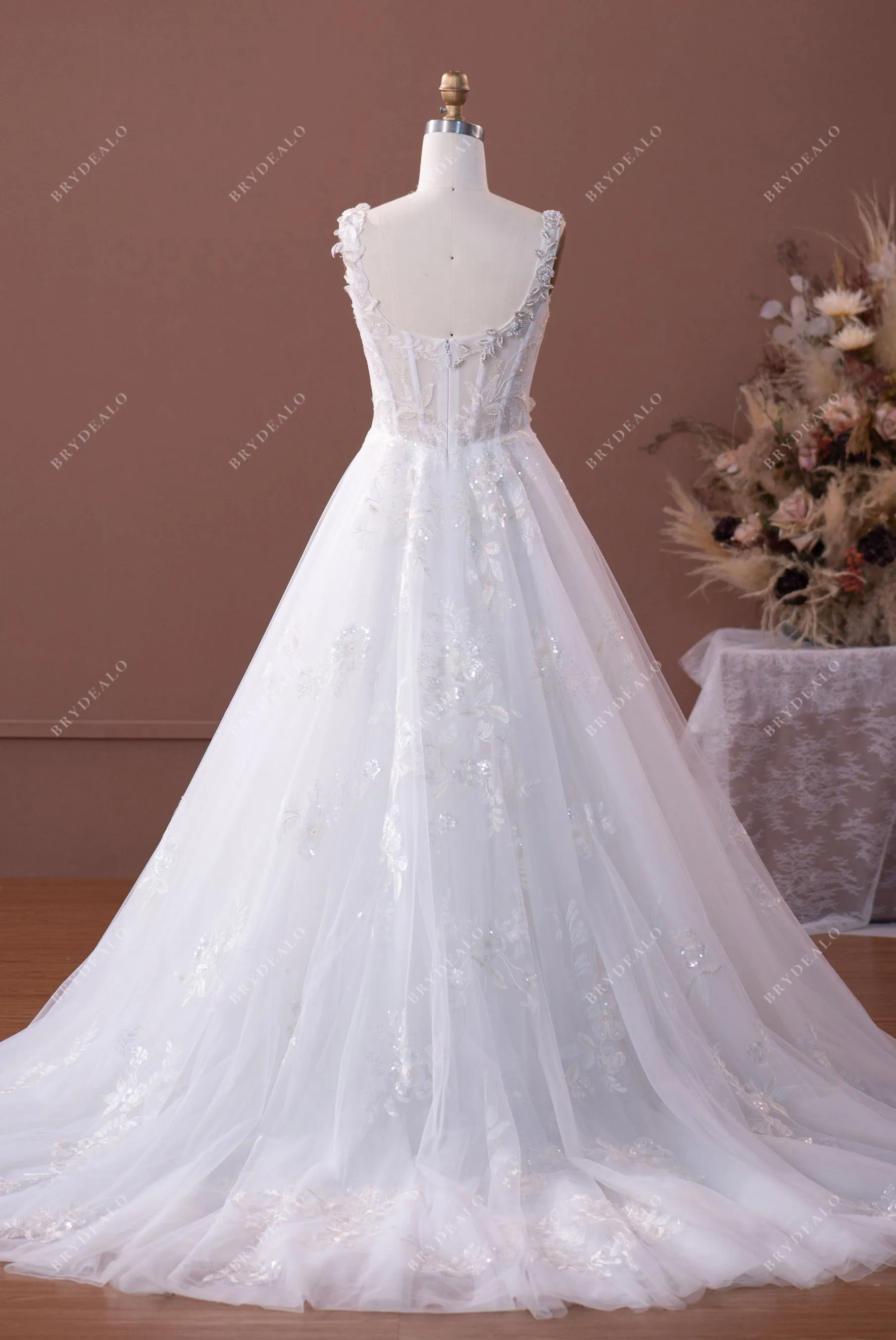 Beaded Straps Lace Illusion Corset Princess Tulle Wedding Ball Gown