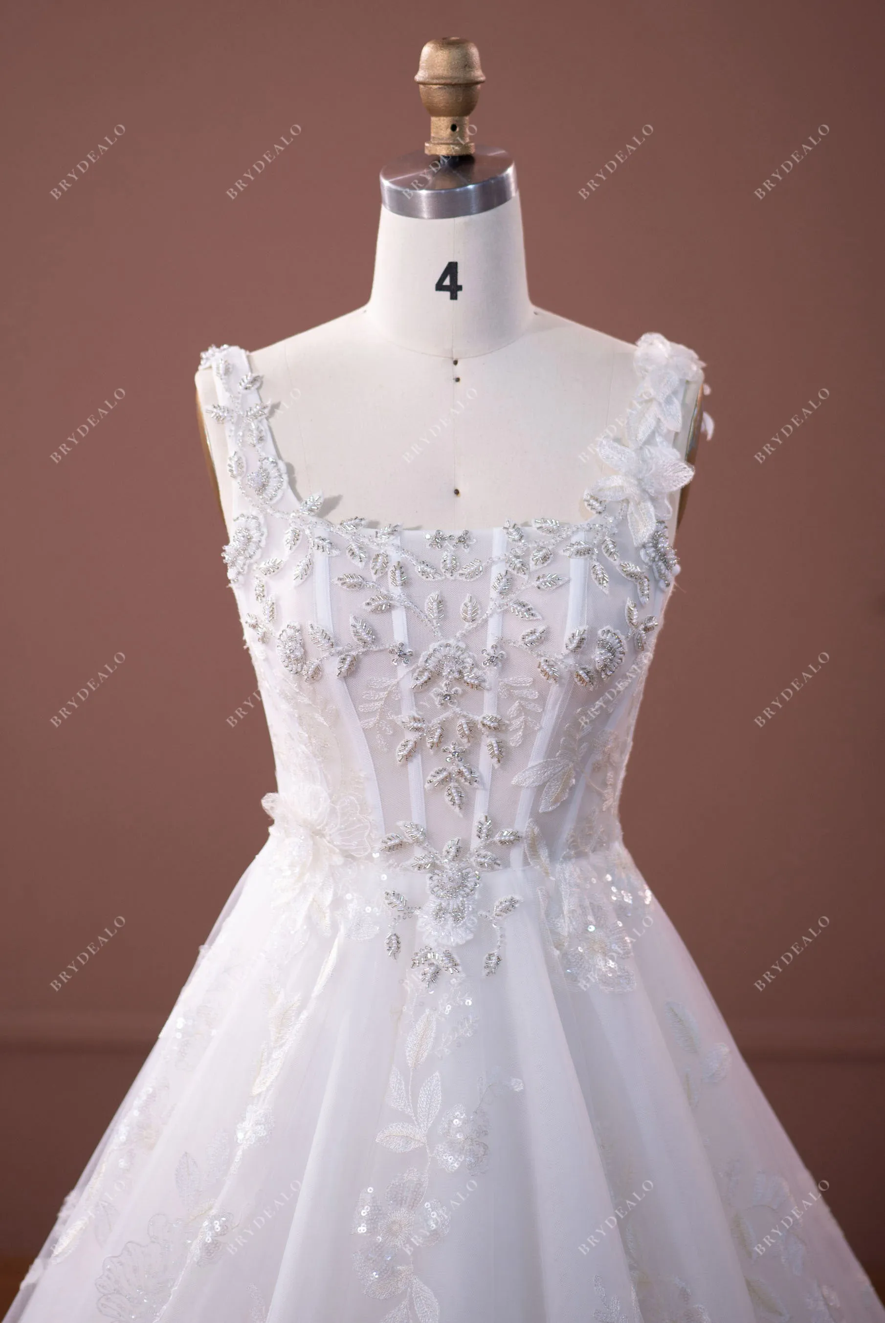 Beaded Straps Lace Illusion Corset Princess Tulle Wedding Ball Gown