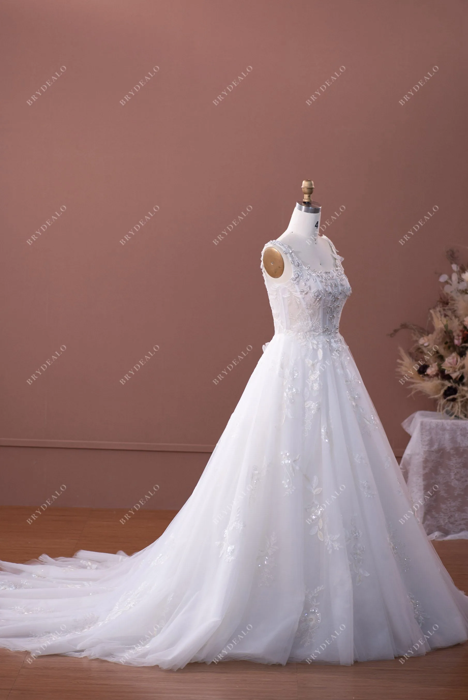Beaded Straps Lace Illusion Corset Princess Tulle Wedding Ball Gown