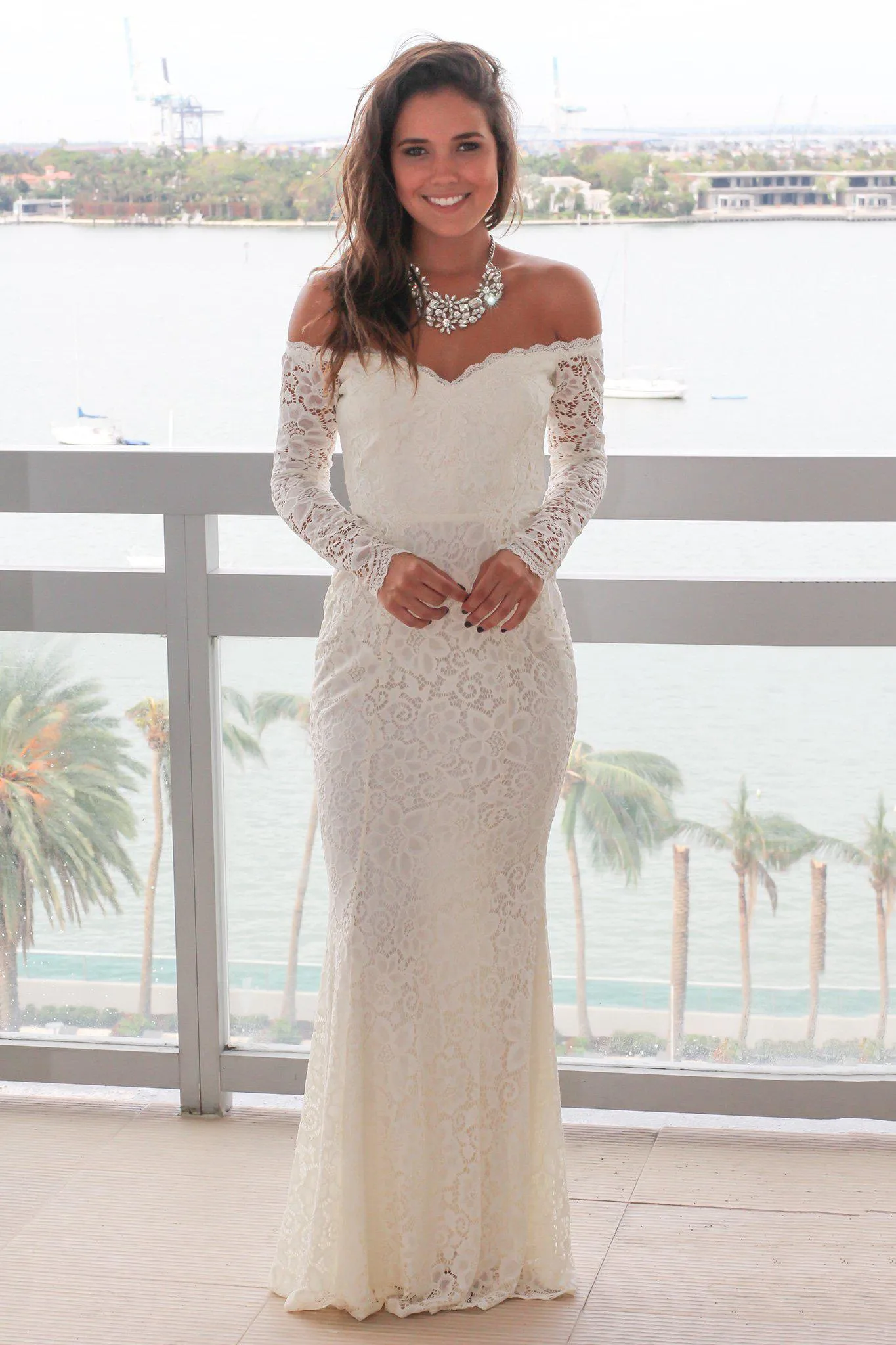 Beige Crochet Off Shoulder Maxi Dress