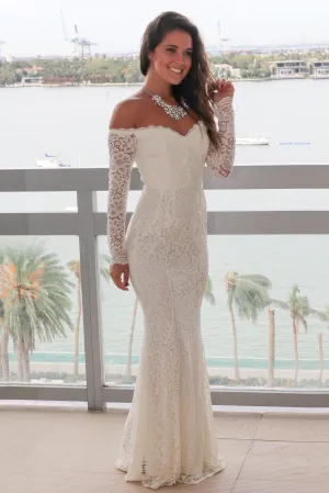 Beige Crochet Off Shoulder Maxi Dress