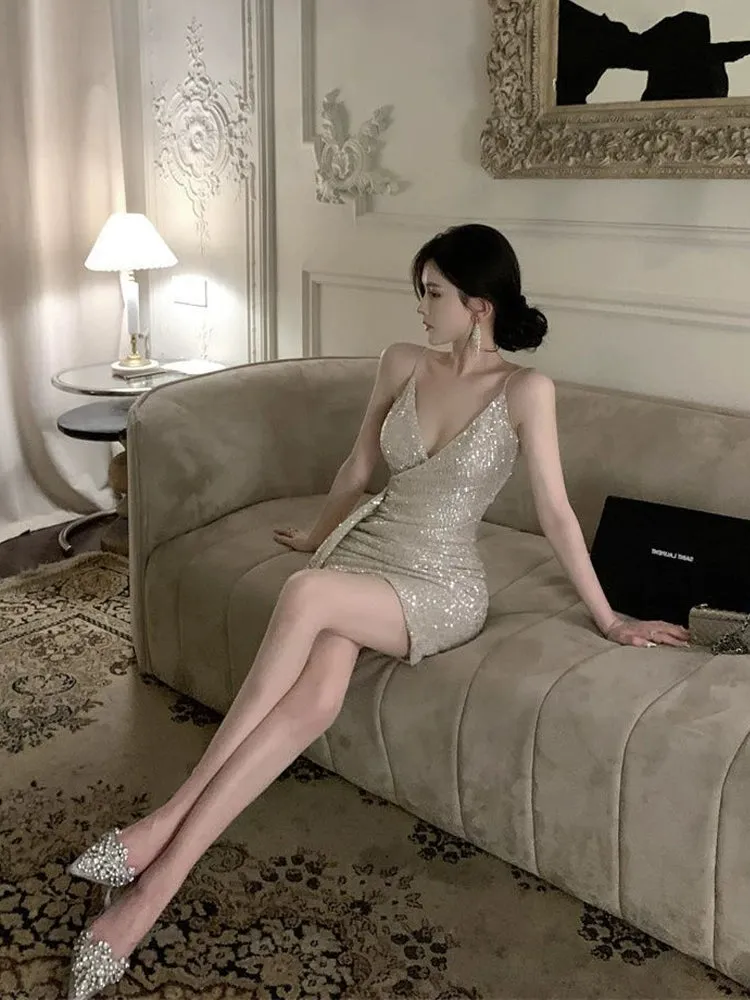 Birthday party dress luxury sequin suspender dress    S5824