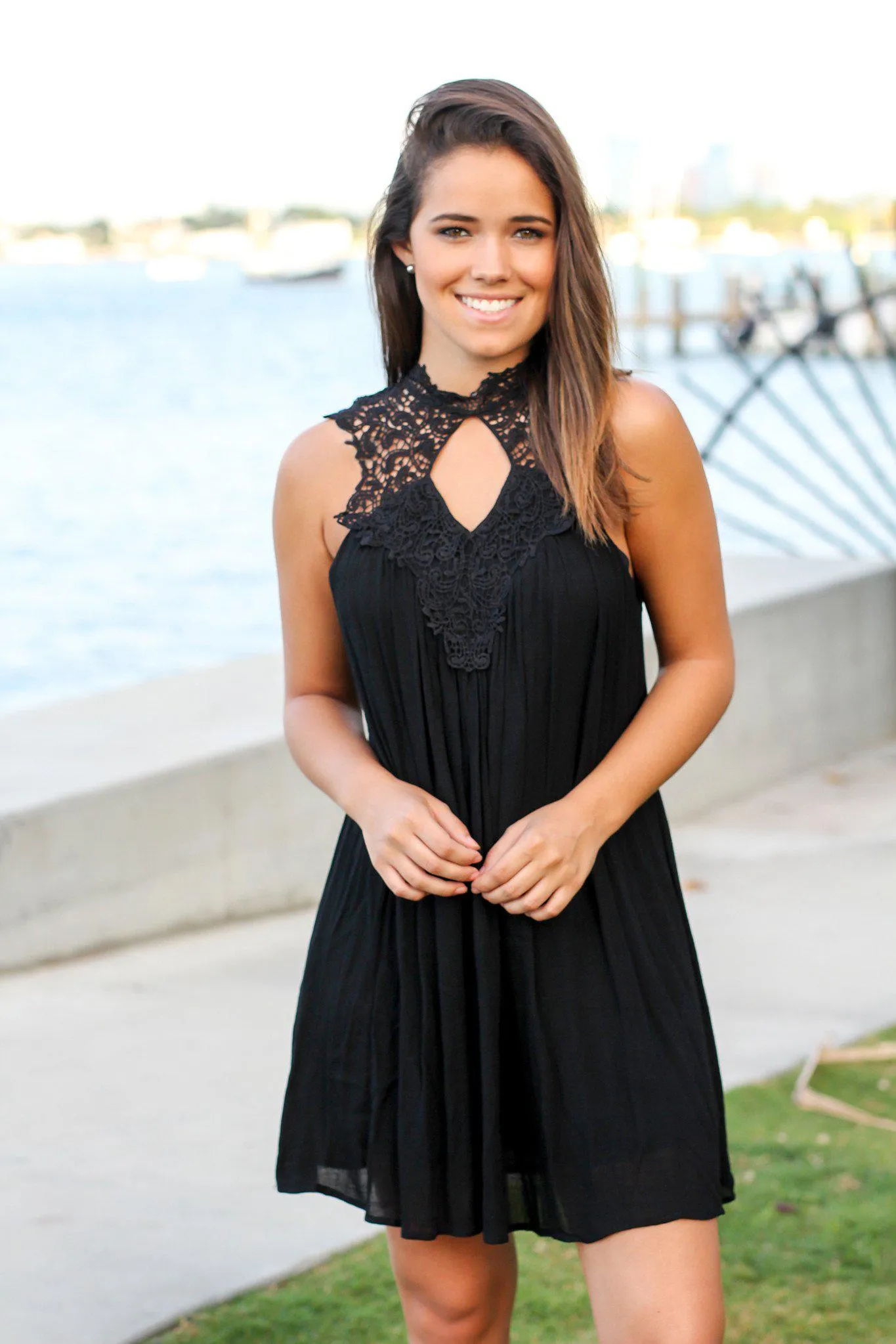 Black Crochet Short Dress with Keyhole