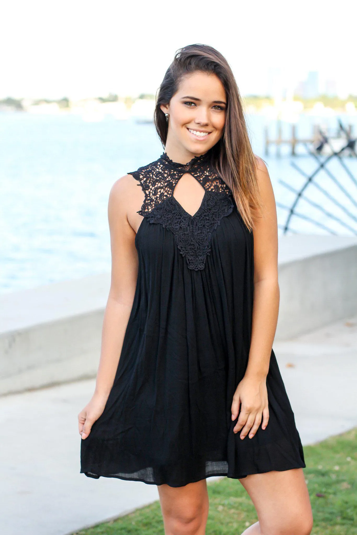 Black Crochet Short Dress with Keyhole