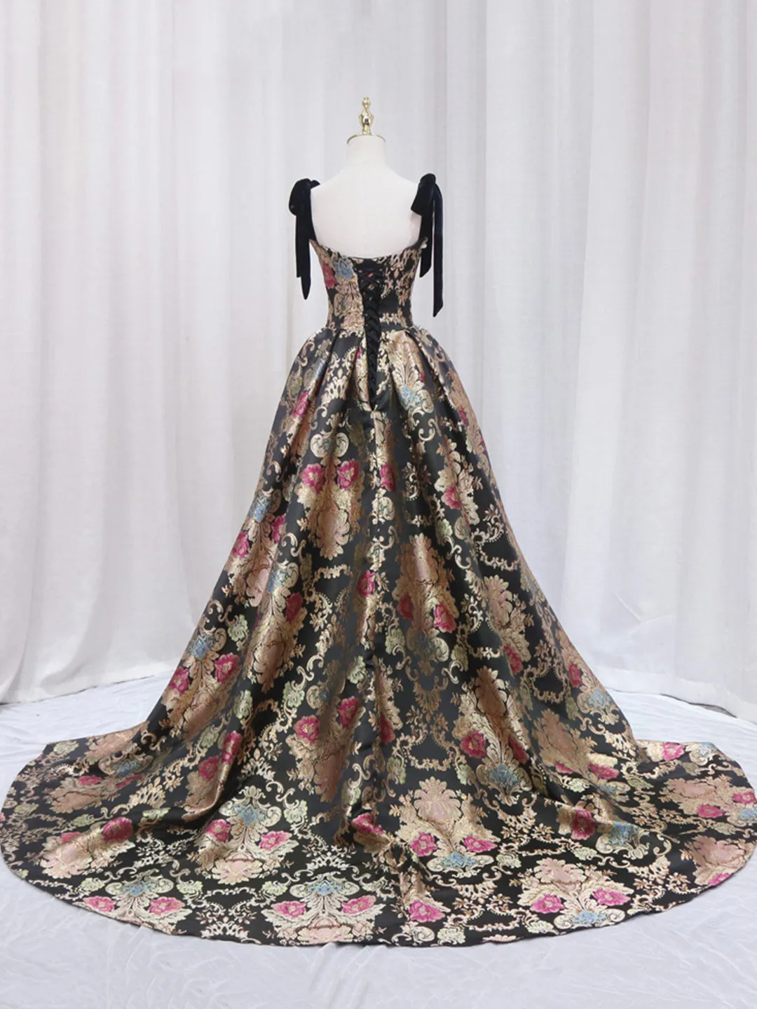 Black Floral Floor Length Prom Dress A-Line Black Evening Dress