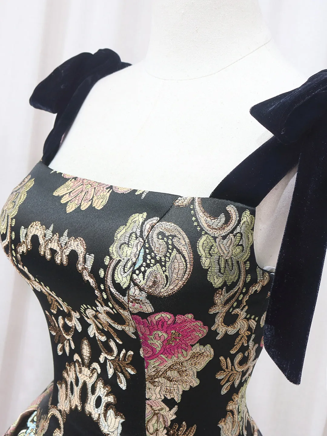 Black Floral Floor Length Prom Dress A-Line Black Evening Dress