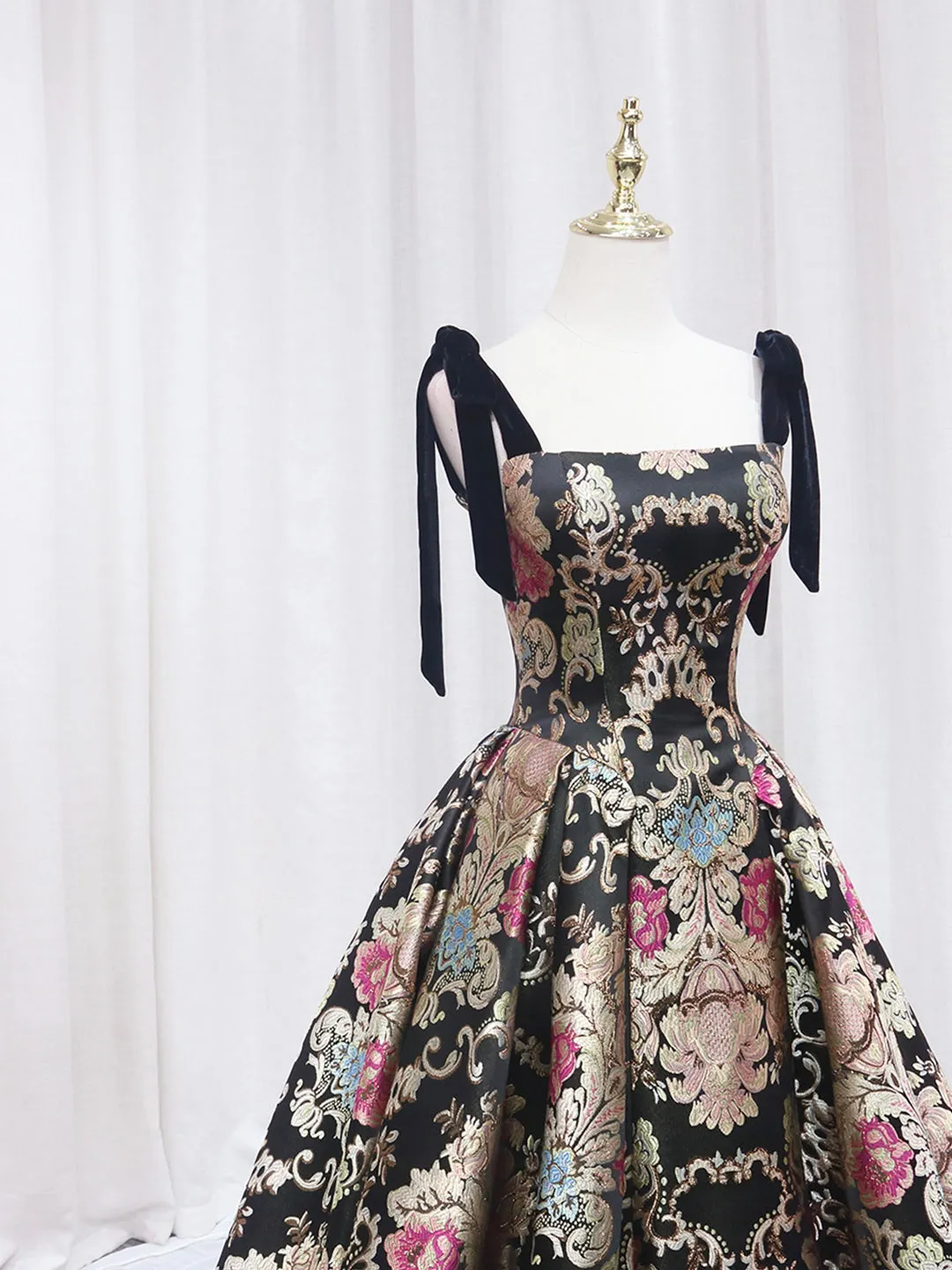 Black Floral Floor Length Prom Dress A-Line Black Evening Dress
