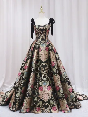 Black Floral Floor Length Prom Dress A-Line Black Evening Dress