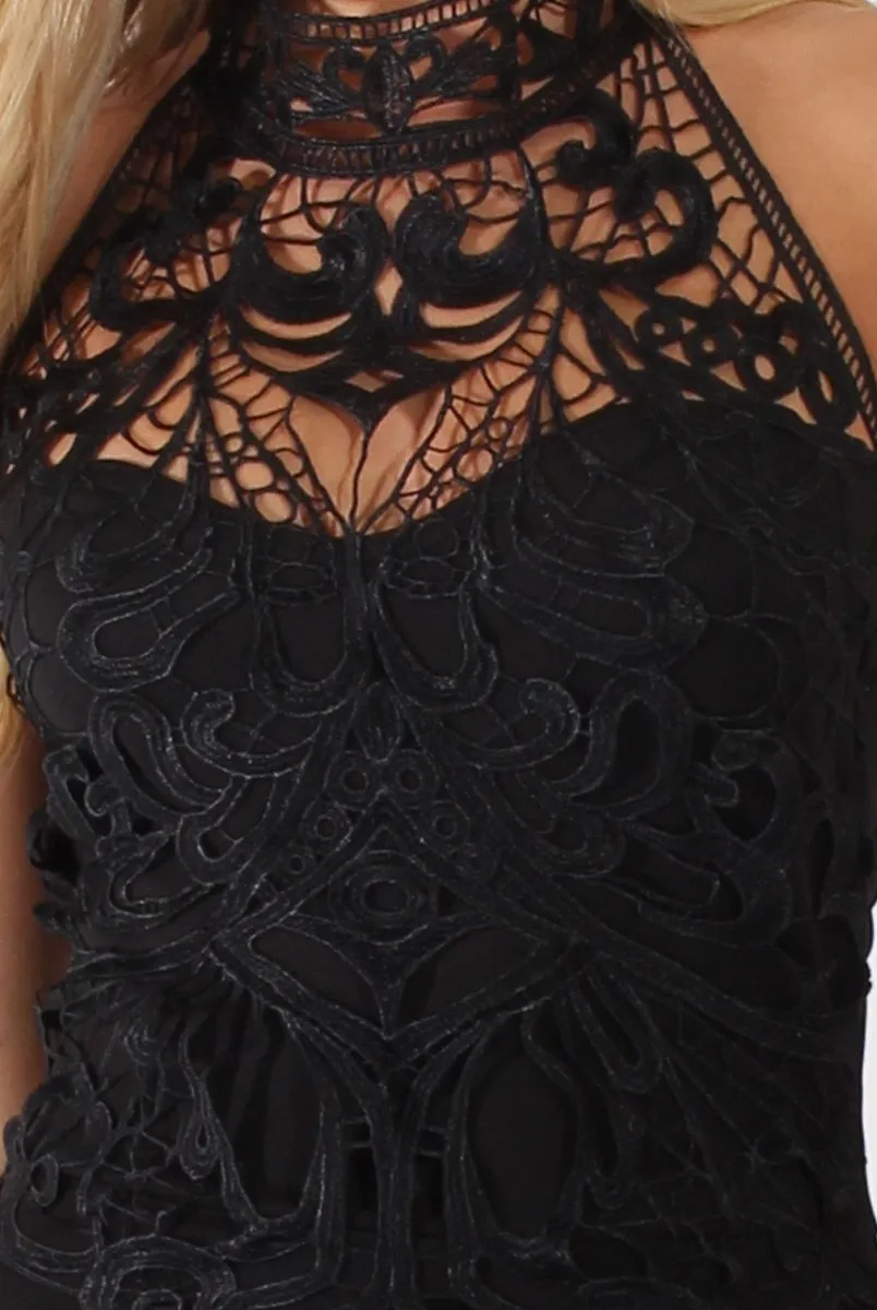 Black Halterneck Crochet Layer Midi Dress - Andie