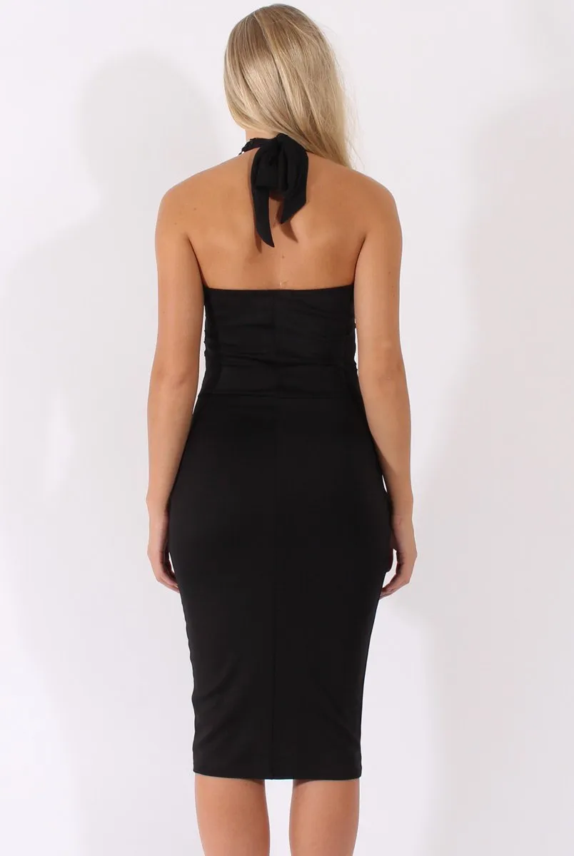 Black Halterneck Crochet Layer Midi Dress - Andie