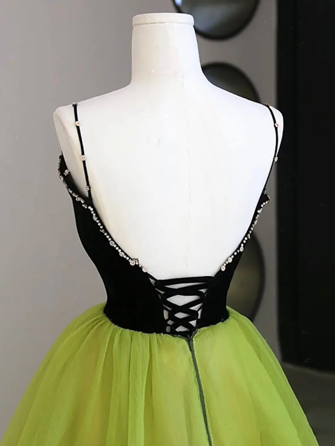 Black Velvet and Green Tulle Long Prom Dress Green V-Neck Evening Dress