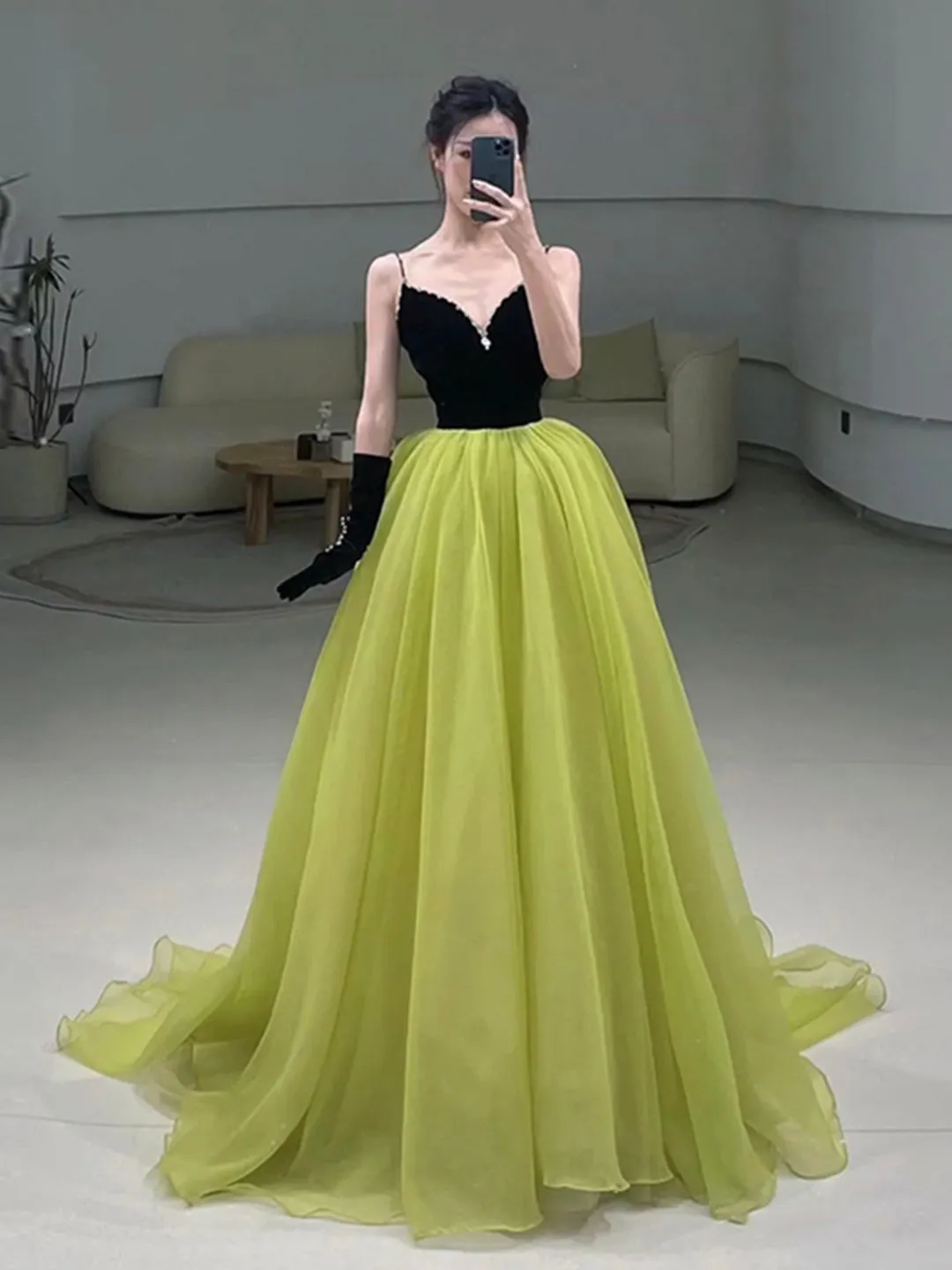 Black Velvet and Green Tulle Long Prom Dress Green V-Neck Evening Dress