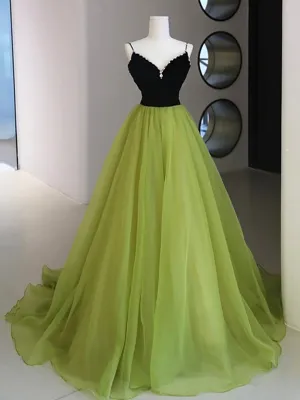 Black Velvet and Green Tulle Long Prom Dress Green V-Neck Evening Dress
