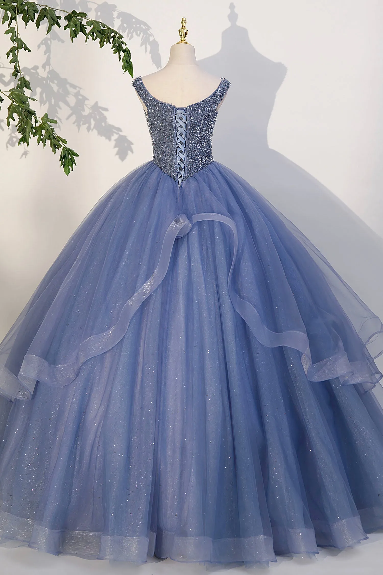 Blue Beaded Tulle Long A-Line Prom Dress Blue Formal Evening Dress