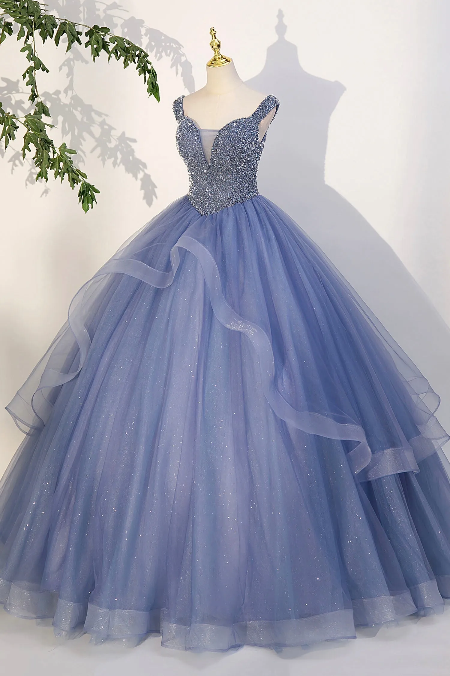 Blue Beaded Tulle Long A-Line Prom Dress Blue Formal Evening Dress