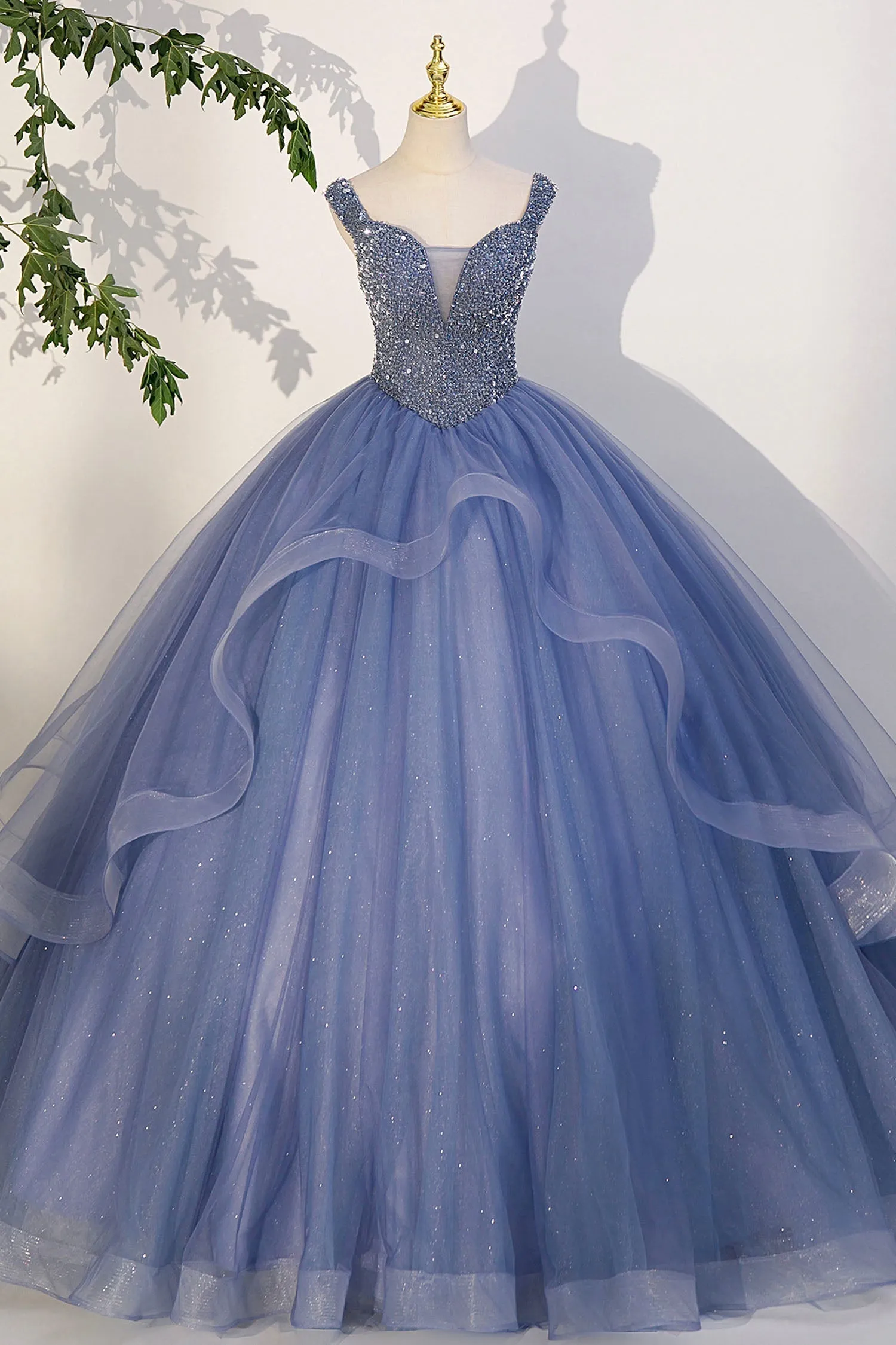 Blue Beaded Tulle Long A-Line Prom Dress Blue Formal Evening Dress