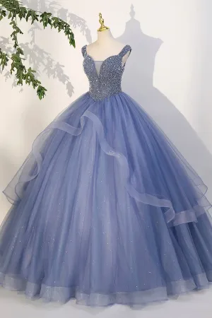 Blue Beaded Tulle Long A-Line Prom Dress Blue Formal Evening Dress