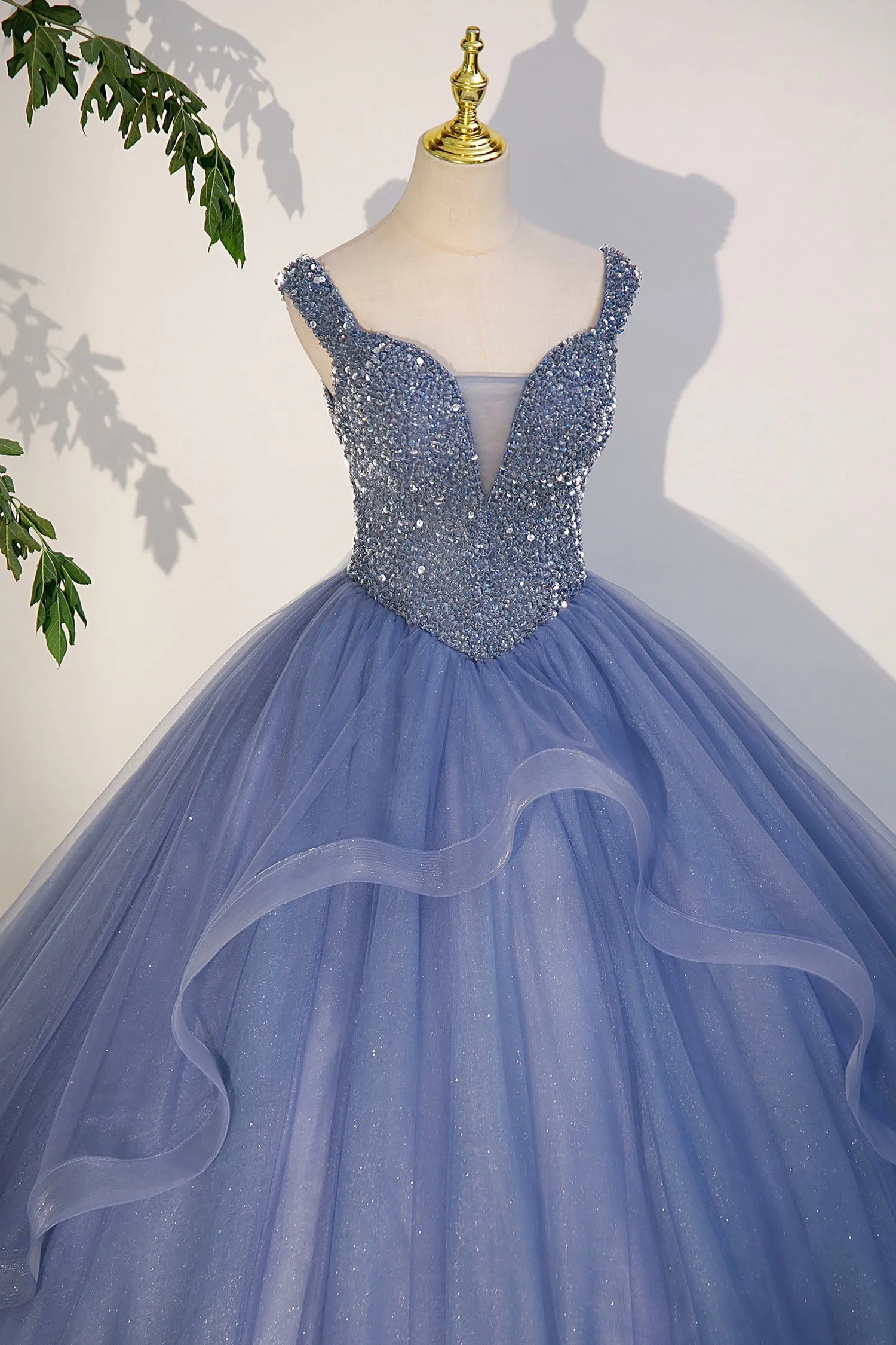 Blue Beaded Tulle Long A-Line Prom Dress Blue Formal Evening Dress