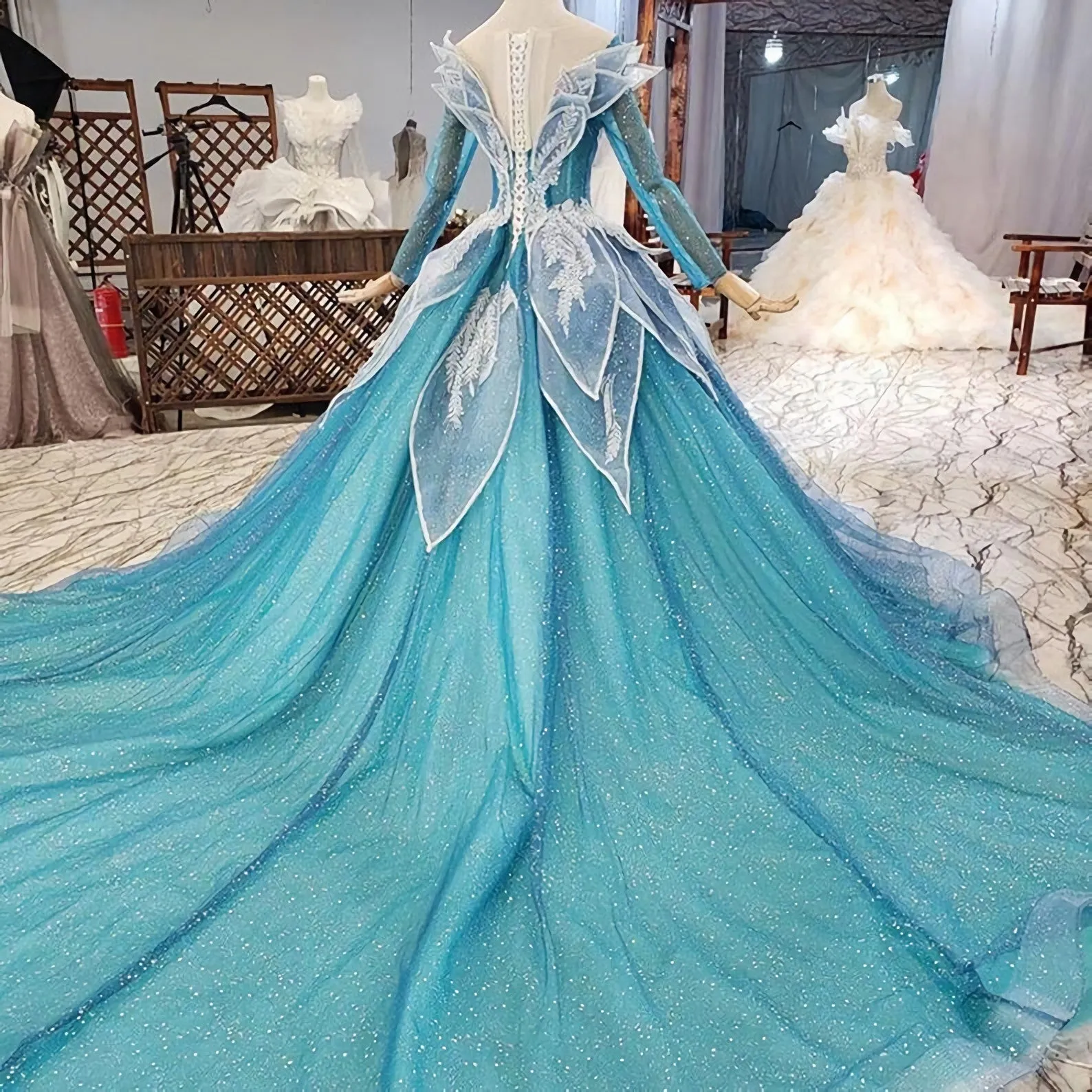 Blue Princess Sparkle Frost Fairy Queen Costume Wedding Dress Bridal Ball Gown Long Sleeve Long Train Cosplay Off The Shoulder