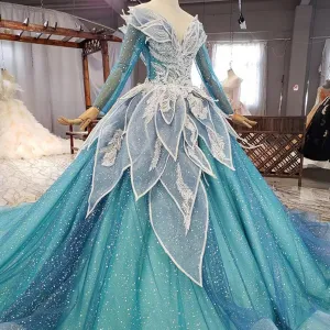 Blue Princess Sparkle Frost Fairy Queen Costume Wedding Dress Bridal Ball Gown Long Sleeve Long Train Cosplay Off The Shoulder