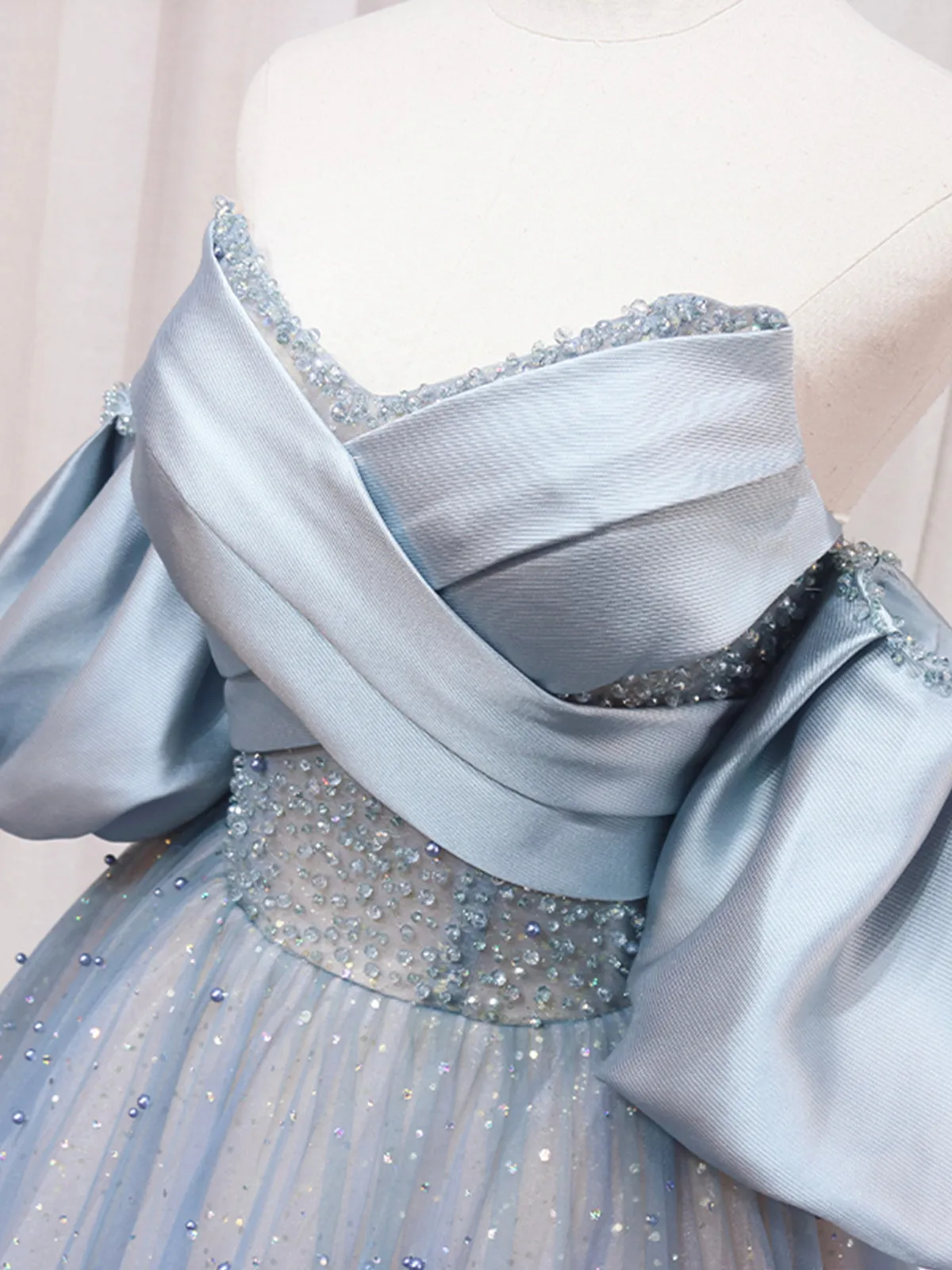 Blue Puff Sleeve Long A-Line Prom Dress Off the Shoulder Formal Evening Dress