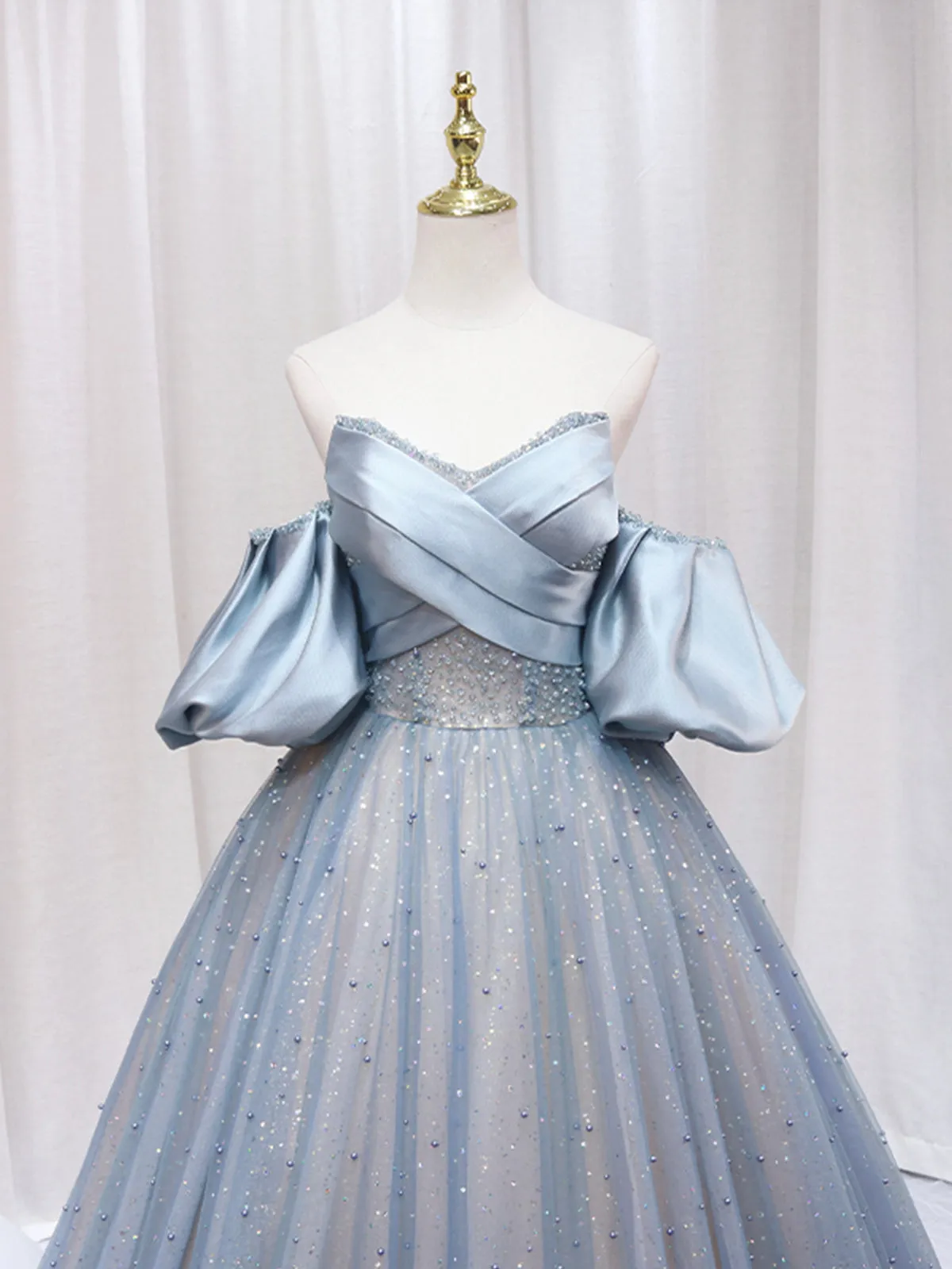 Blue Puff Sleeve Long A-Line Prom Dress Off the Shoulder Formal Evening Dress