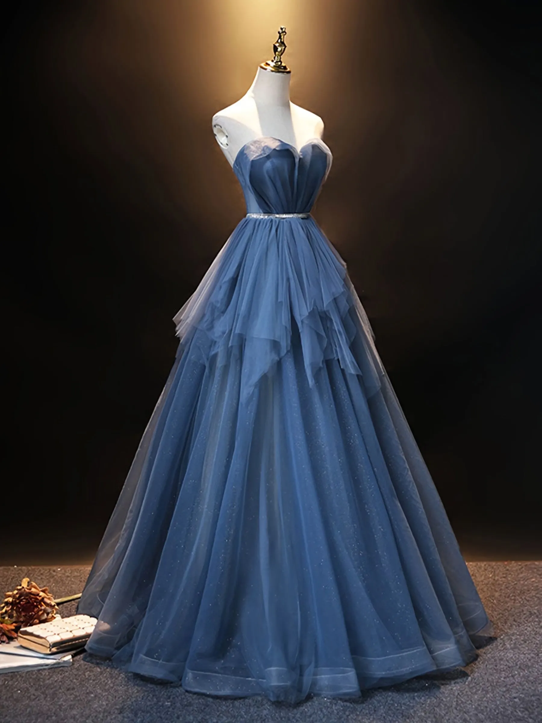 Blue Sweetheart Neck Tulle Long Prom Dress, Blue Evening Dress