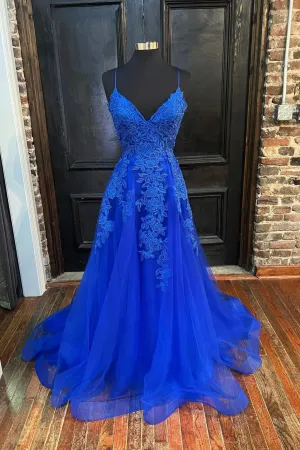 Blue Tulle Lace Long Prom Dress V-Neck Formal Evening Dress