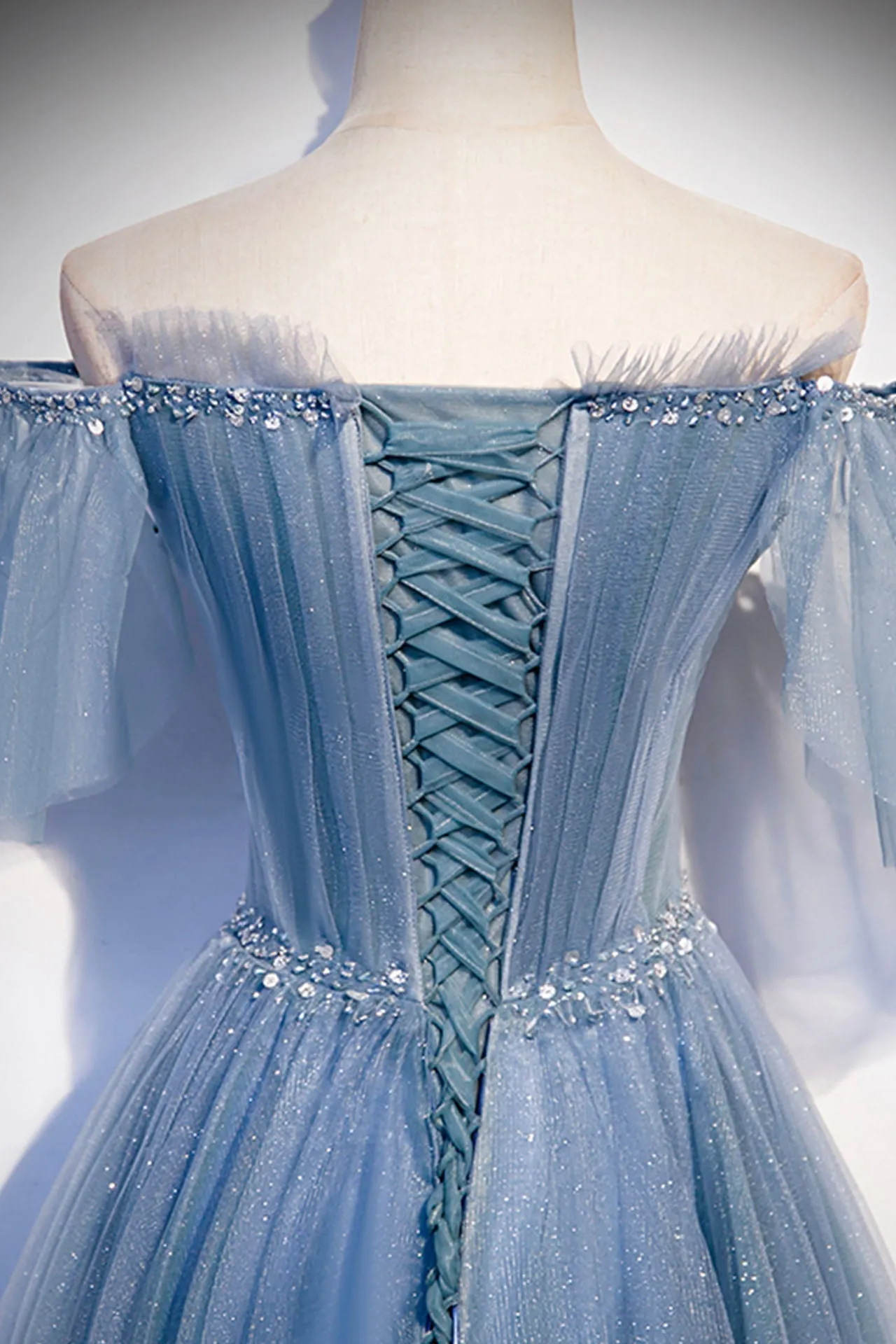 Blue Tulle Long A-Line Prom Dress, Off the Shoulder Evening Party Dress