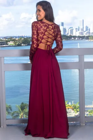 Burgundy Crochet Top Maxi Dress with Lace Up Back