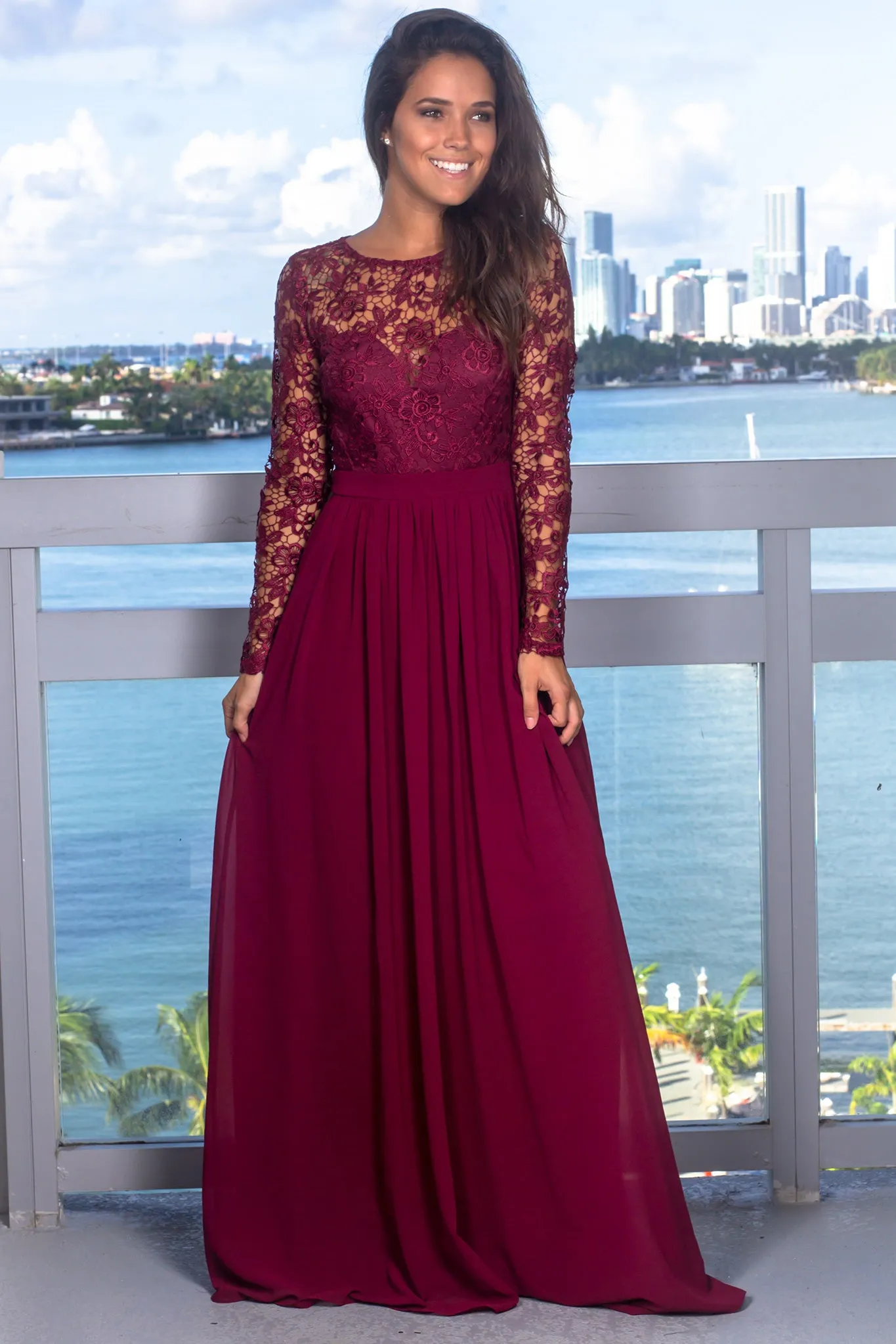 Burgundy Crochet Top Maxi Dress with Lace Up Back