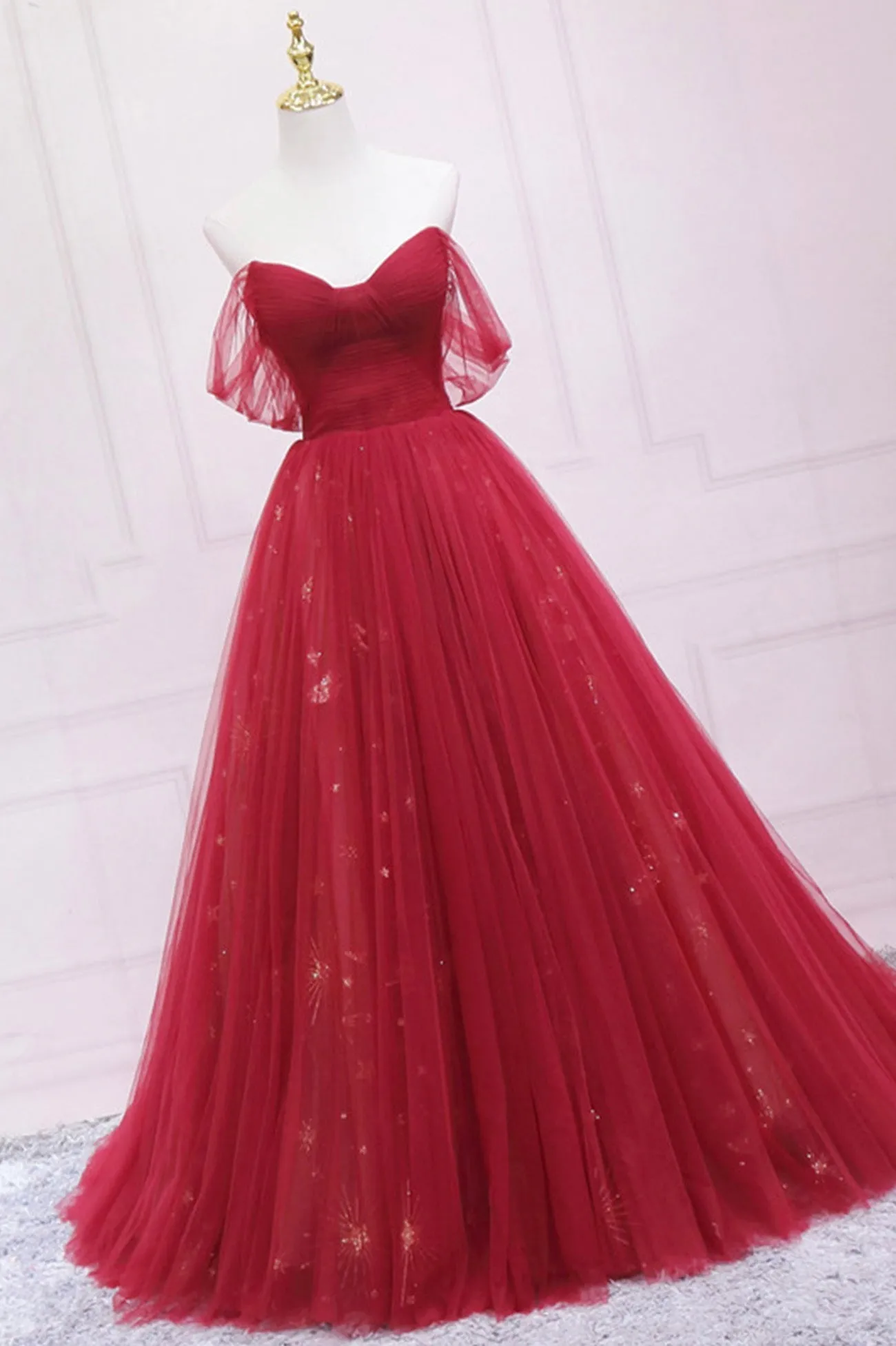 Burgundy Off the Shoulder Prom Dress A-Line Evening Dress