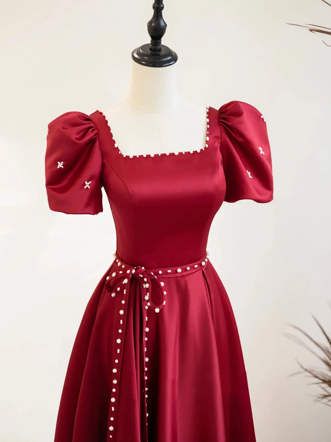 Burgundy Satin Short Sleeve Floor Length Prom Dress Burgundy Evening Dress with Pearls