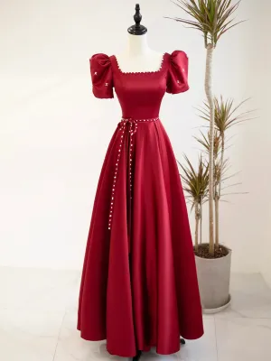 Burgundy Satin Short Sleeve Floor Length Prom Dress Burgundy Evening Dress with Pearls