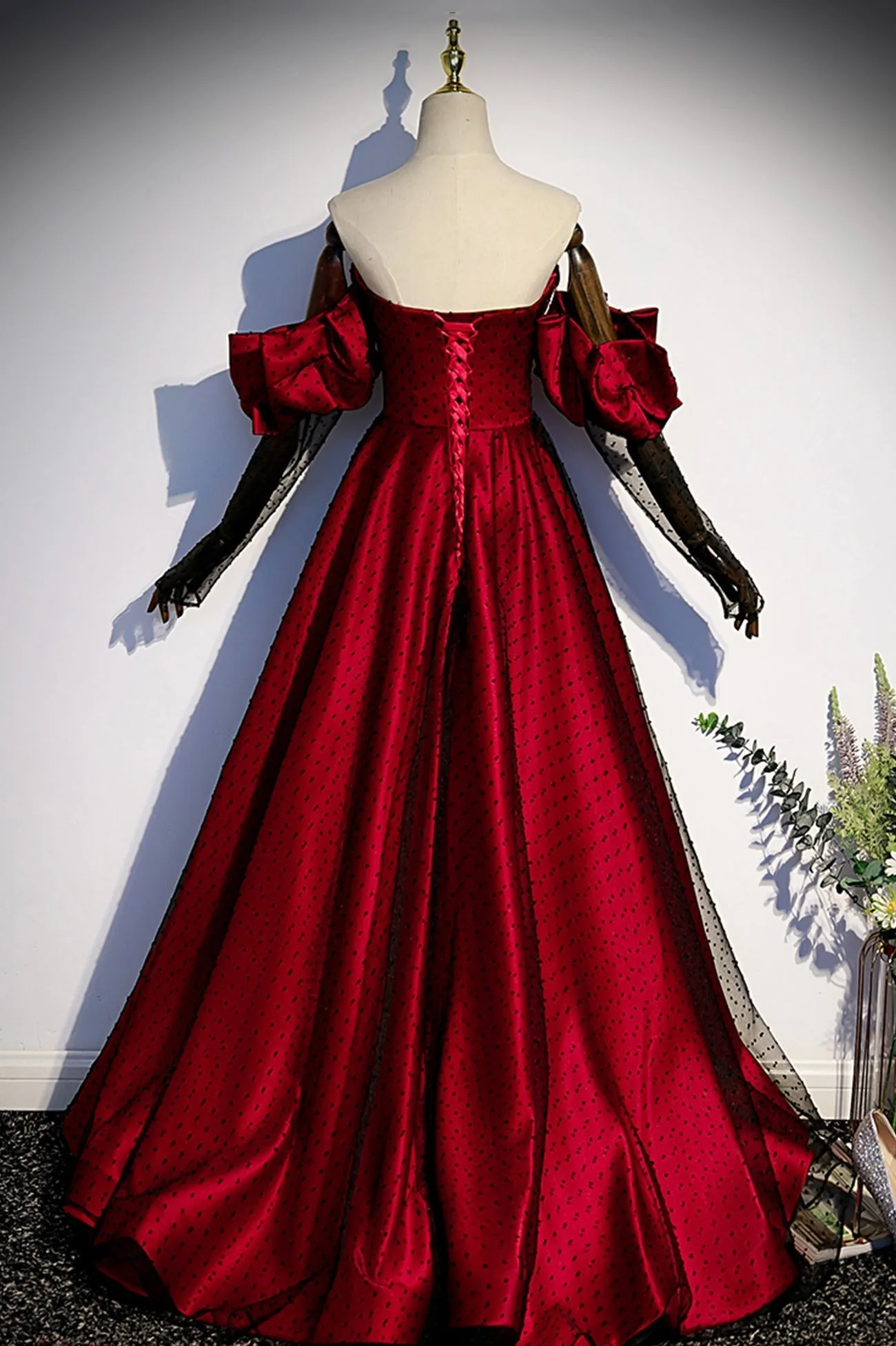 Burgundy Satin Tulle Long Prom Dress A-Line Sweetheart Neck Evening Dress